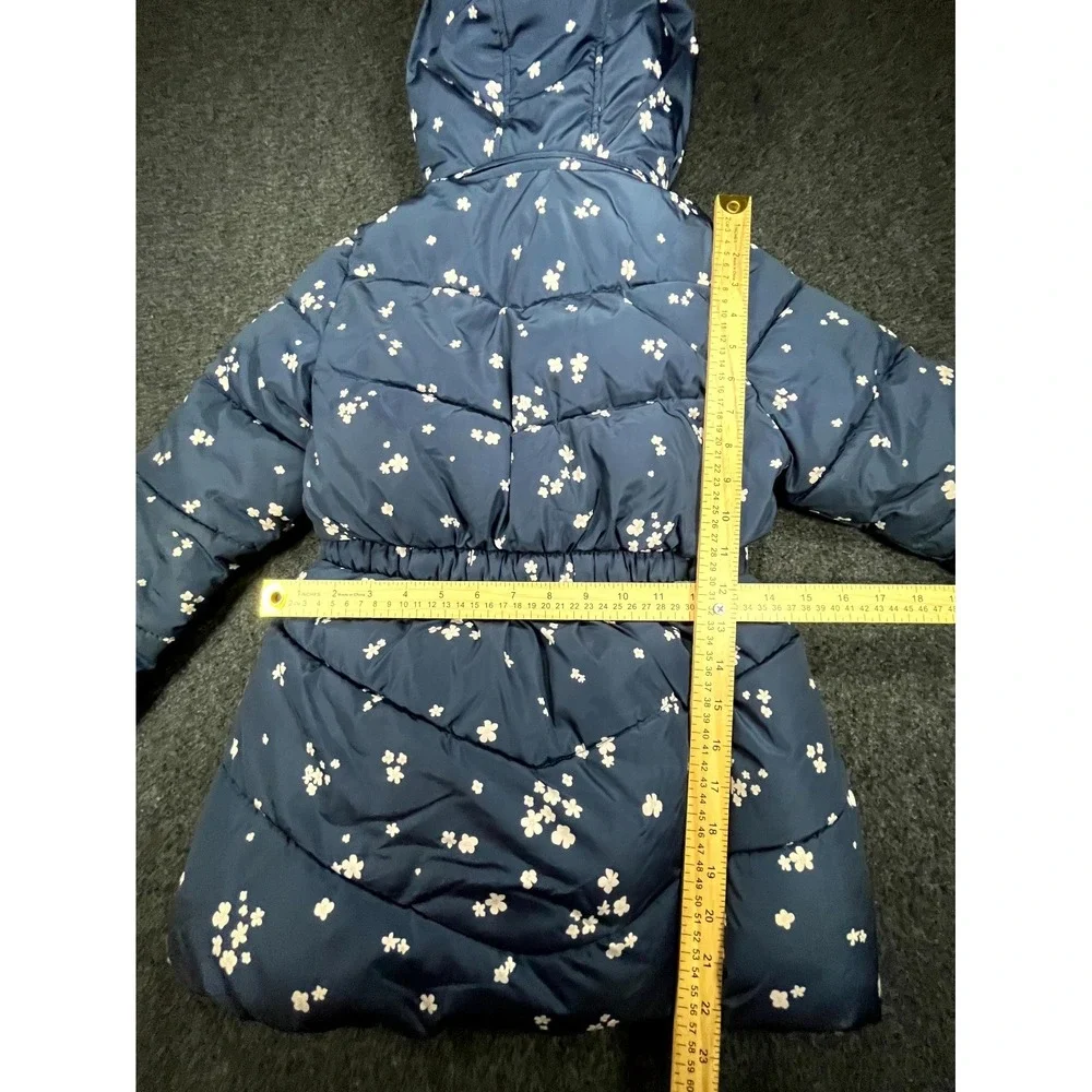 Member's Mark Puffer Jacket Girls M 7/8 Navy Blue Floral Faux Fur Hood Full Zip